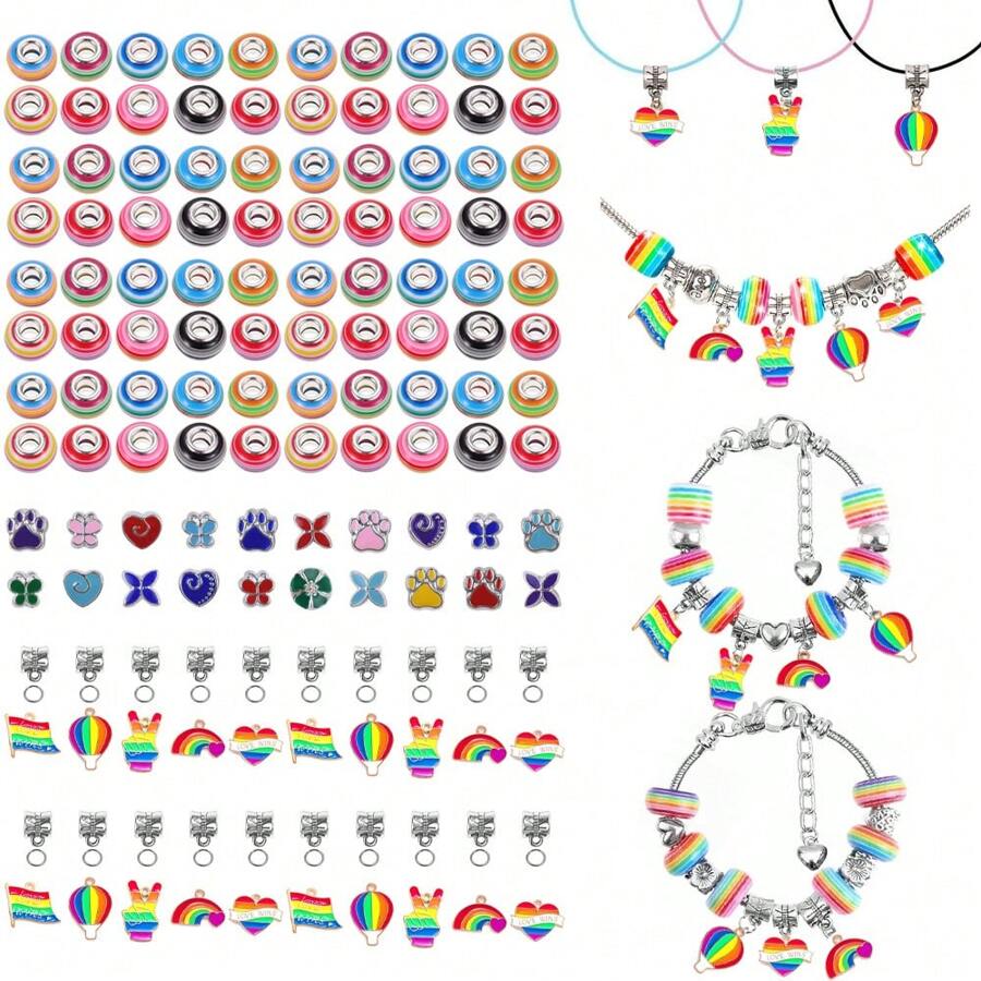 15/82pcs Resin Material Bracelet Making Set, Striped Large Hole Bead Jewelry Making Set, Personalized Multifunctional Rainbow Pendant Decoration DIY Summer Beach Ankle Bracelet Earrings Keychain Phone Chain Wedding Party Holiday Gift Accessories