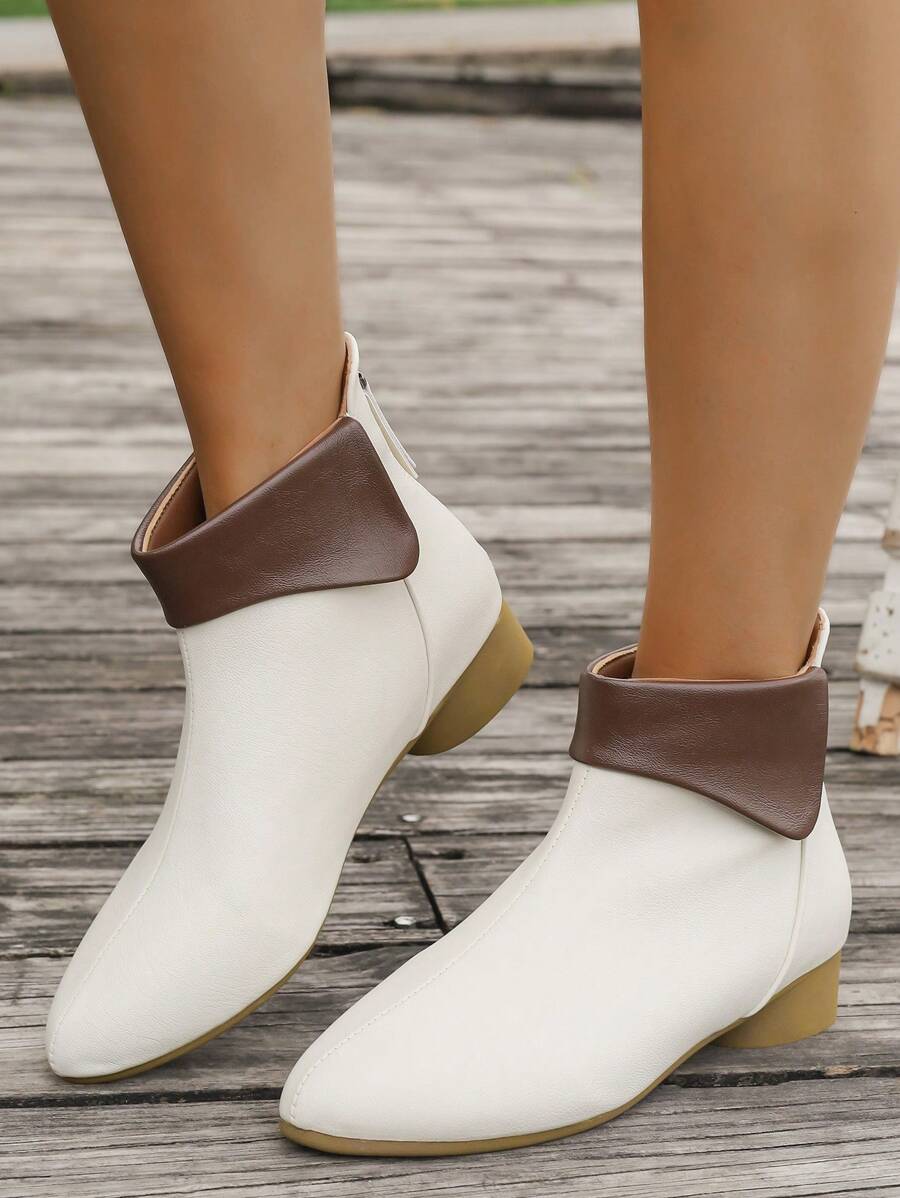 Botas Curtas Elegantes Vintage para Mulheres, Botas Ankle Confortáveis de Salto Baixo, Calçado para Exteriores com Salto Reto Bloco de Cores, Adequado para Primavera/Outono, Botas da Moda para Outono/Inverno