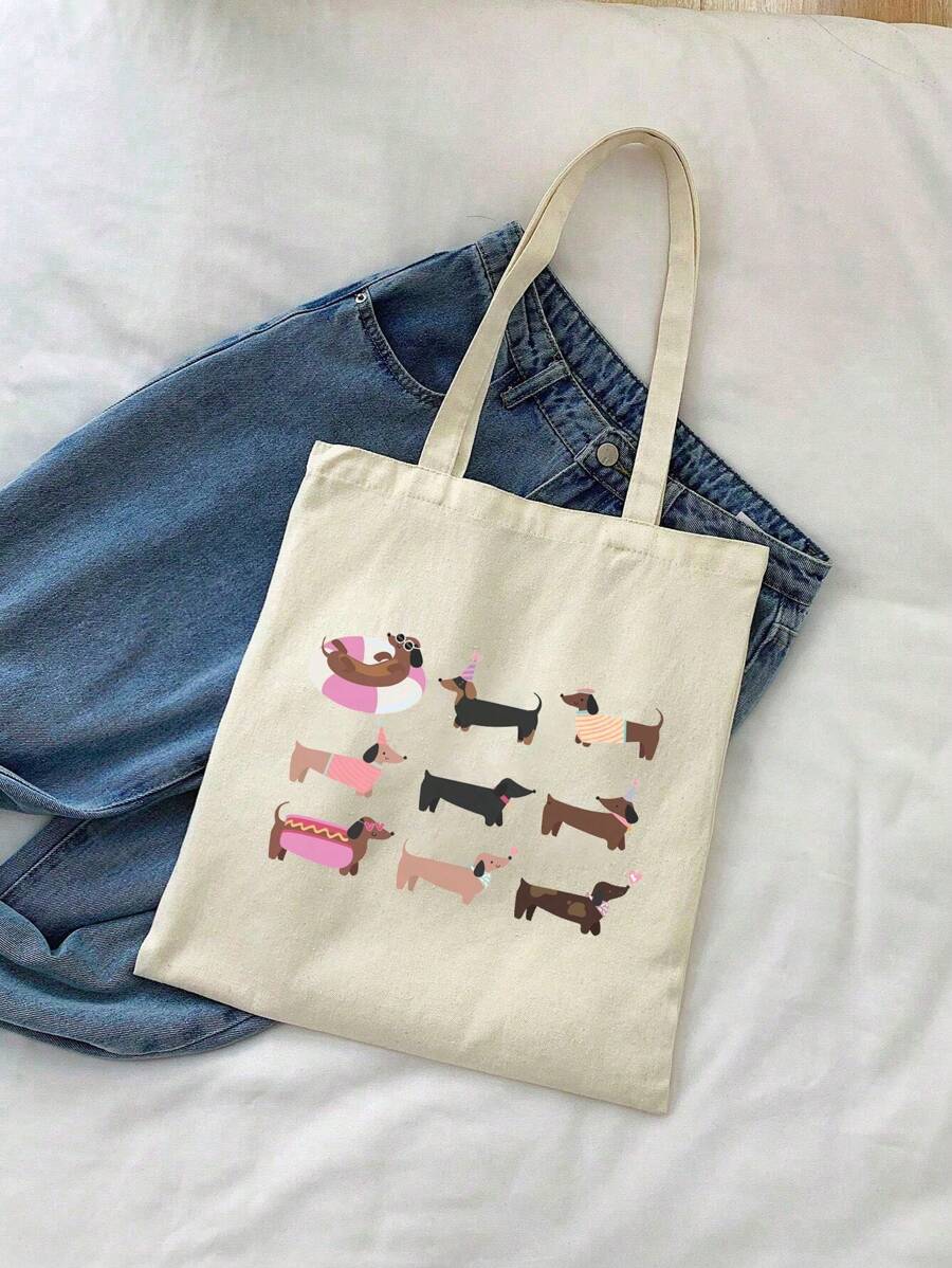 Dachshund Three Cute Silly Sausage Dogs Print Tote Bag, Casual Large Capacity Shoulder Bag, Daily Shopping Bag, Multifunctional Storage Bag, Lightweight Travel Tote Bag, Good Gift, Travel Souvenir For Friends, Essential Travel Tote Bag, Suitable For Commuting, Back To School, Travel, Picnic, Camping, Outdoor And Adventure 