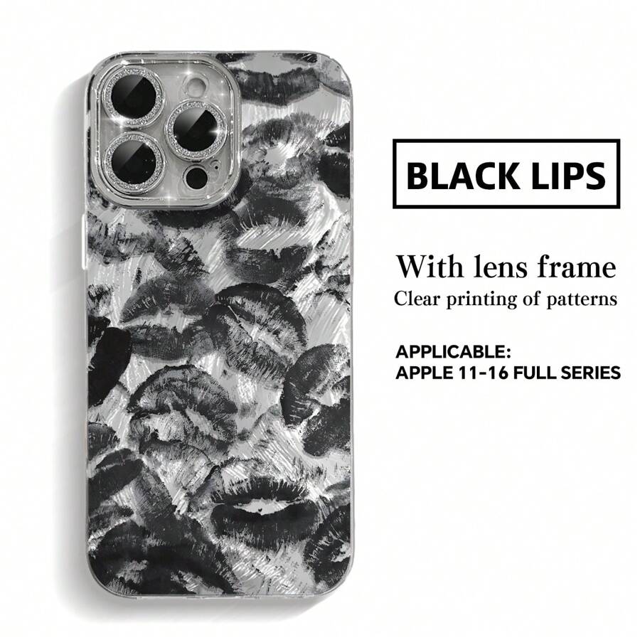 HANCAI Lips 1 peça capa protetora de celular com estampa labial preta, cobertura total, lente brilhante, compatível com iPhone 11/12/13/14/15/16/16 Pro/16 Pro Max
