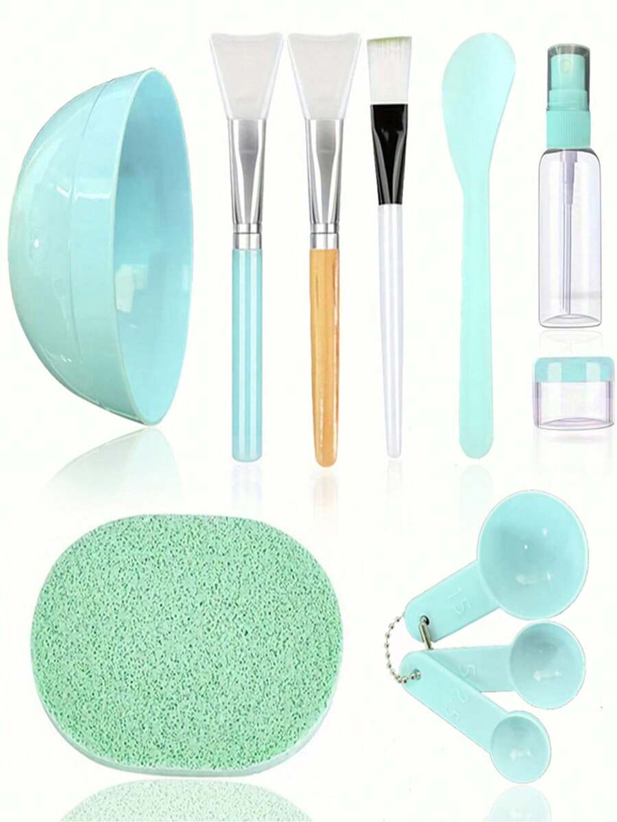10pcs/Set Face Mask Care Tool Kit, Including Face Mask Bowl, Stick, Scraper, Silicone Brush, Spray Bottle, Powder Puff And Soft Non-Slip Headband, For Face Washing, Bathing, Yoga, Exercise And Running