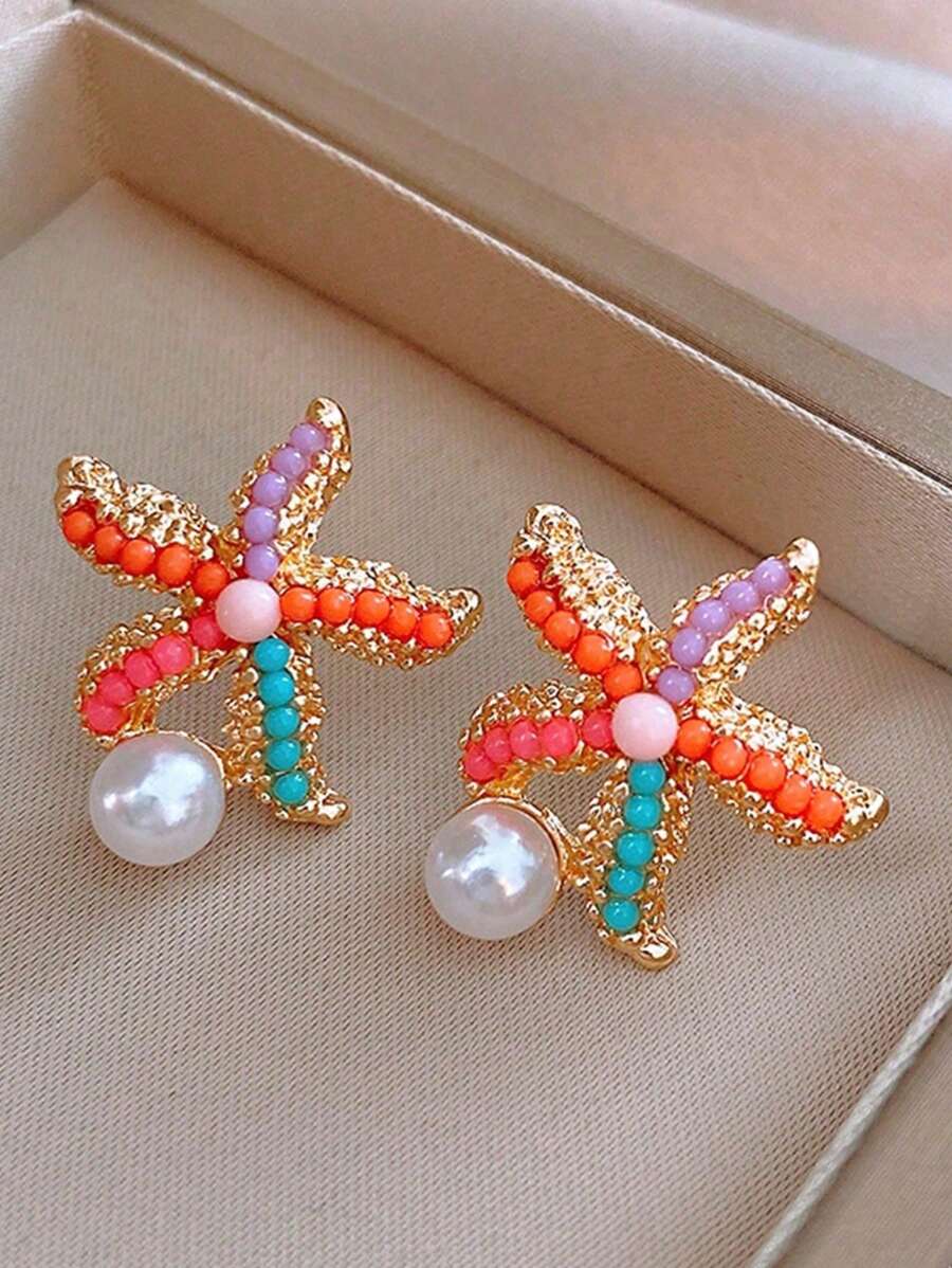 1 par de Brincos Estilo Boêmio Doce com Estrela do Mar Colorida e Pérola Falsa, Adequado para Uso Diário, Viagens, Festas de Praia, Férias, etc. para Mulheres