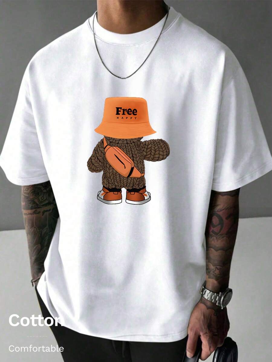 T-shirt da uomo in cotone a coste, stampa di orso in stile street, abbigliamento sportivo da uomo in stile college per la primavera e l'estate, top a maniche corte da uomo bianchi, morbidi e traspiranti.