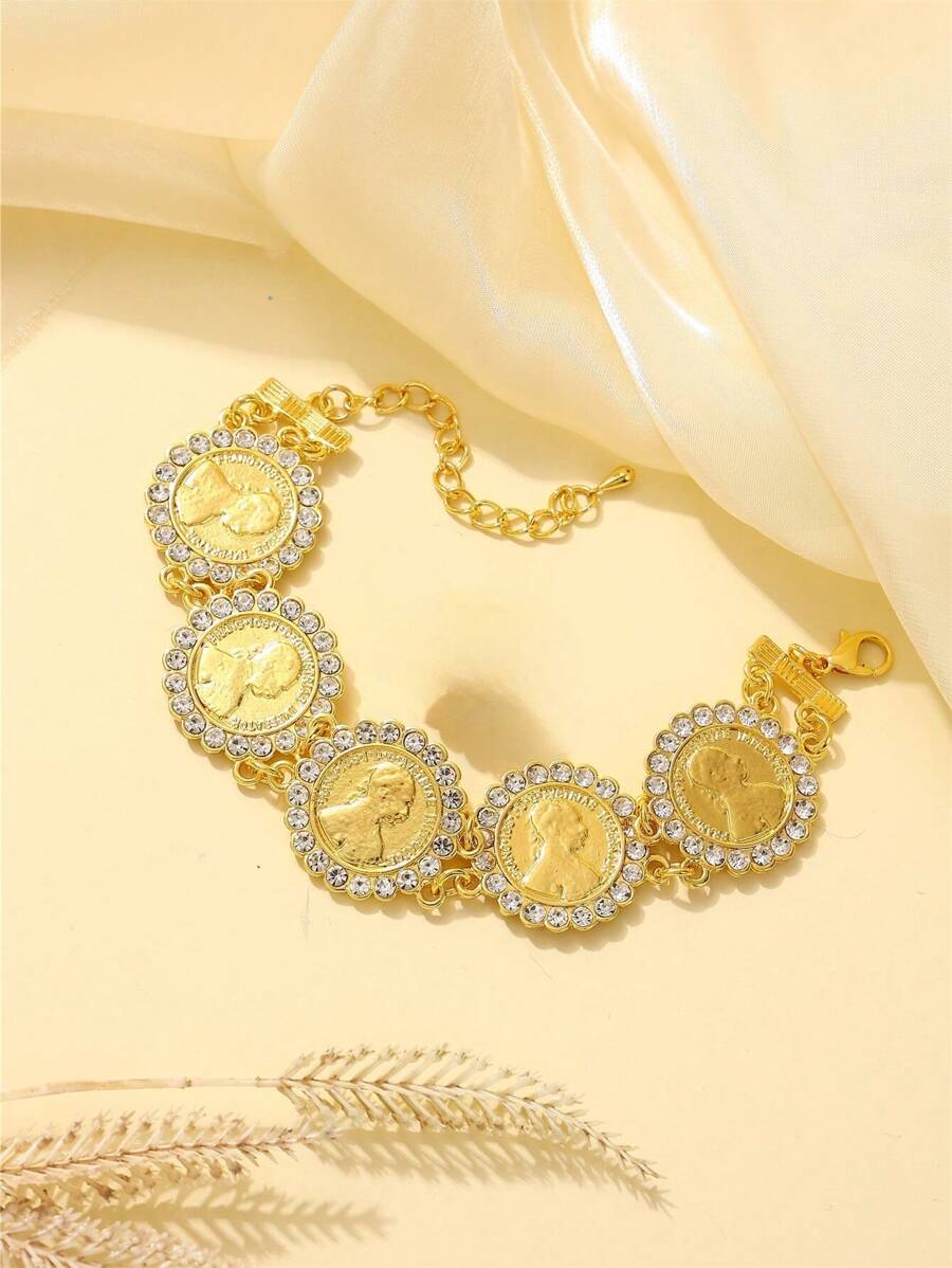 1pc Women's Gold Plated Turkish Coin Bracelet, Rhinestone Embellished, Middle Eastern Dubai Style Charm Bracelet, Wedding Jewelry Gift