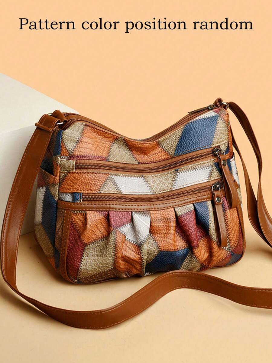 Bolso de hombro de mujer de PU con bloques de color y parches, de gran capacidad con múltiples bolsillos, bolso cruzado para compras, casual, para vacaciones y viajes, bolso de mensajero versátil con monedero y bolsa cuadrada plisada para ir al trabajo diario