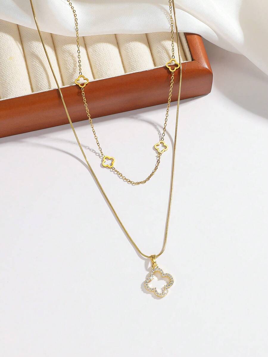 1 Peça Colar de Mulher de Trevos de Quatro Folhas Vazados, Diamante com Aço Titanium Não Desbotante, Adequado para Uso Diário, Presente, Festa