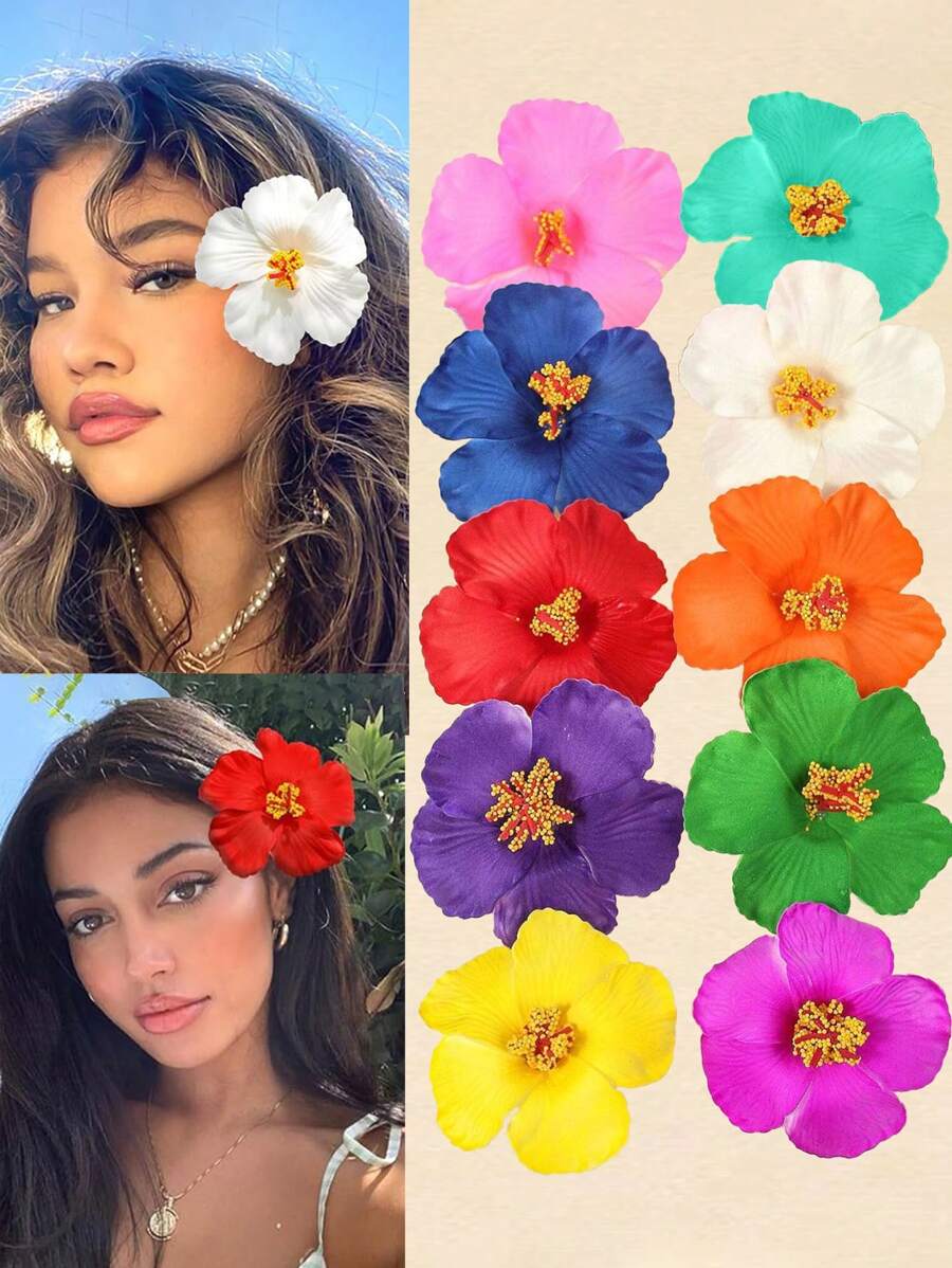 10 Stück/Set Hawaii Blumen Haarclips, Künstliche tropische Hibiskus Blumen Haarklammern für Strand Urlaub Party im Boho Stil, modisch, elegant, minimalistisch, einfarbig, geeignet für täglich, Lässig, Party, Pendeln, Urlaub, Dutt, Pferdeschwanz, Gesichtwäsche, Make-up, Outfit Accessoires, flache Klemmklammer, Haarspange