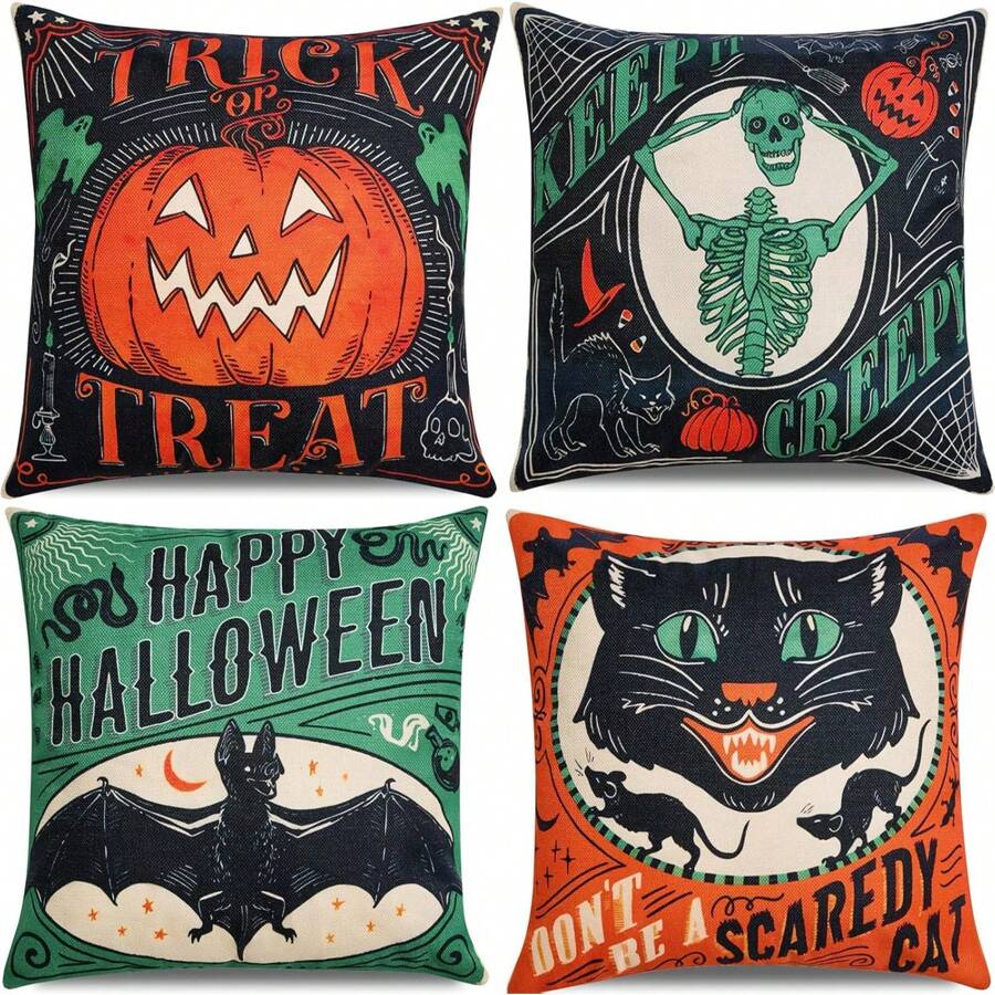 4 capas de almofada decorativas vintage de Halloween, estampa de gato assustador, abóbora, caveira, morcego, capas de almofada retrô de 45,7 cm x 45,7 cm com zíper, estampadas em um só lado, decoração de Halloween para casa, adequadas para o feriado de outono, pátio externo, sofá para sala de estar interna, decoração de quarto