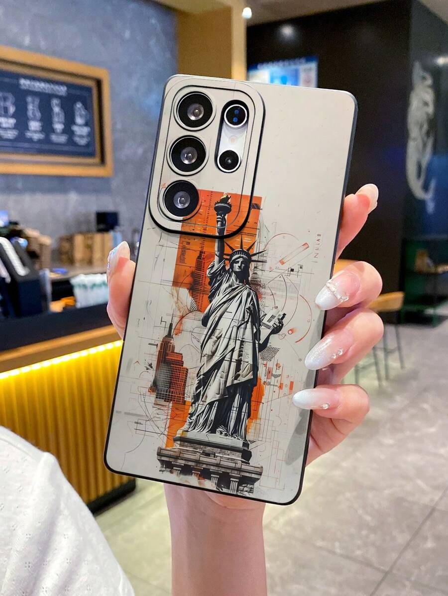 Travel 1 Pc Fashion Statue Of Liberty Graffiti Drawing Design, Black Matte Soft TPU Material Eye-Shaped Shockproof Phone Case, Suitable As Gift For Boyfriend/Girlfriend, Compatible With Apple, OPPO, Vivo And Other Android Models