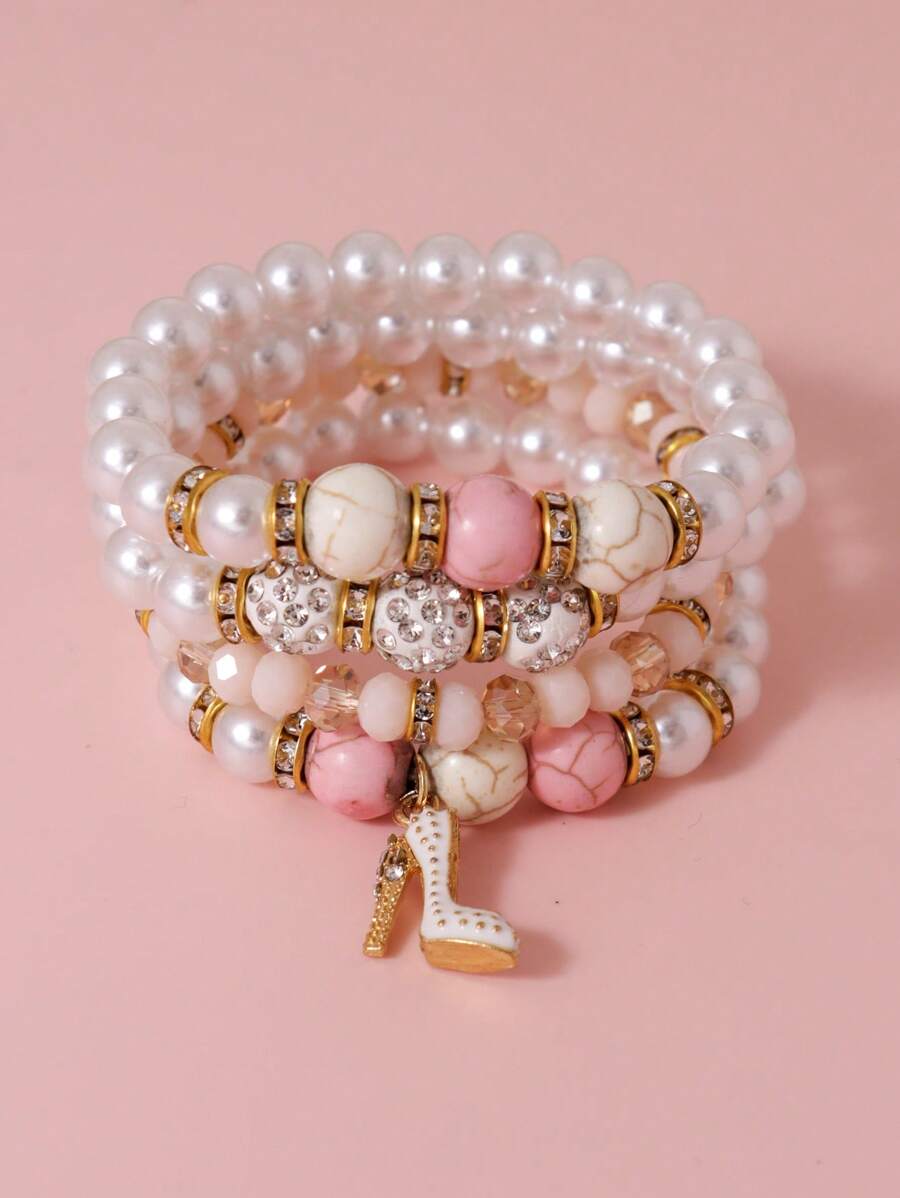 4pcs Set Elegant Faux Pearl, Turquoise Bead, Rhinestone Decor Layered Elastic Bracelet, Suitable For Women Daily, Date, Party Accessories