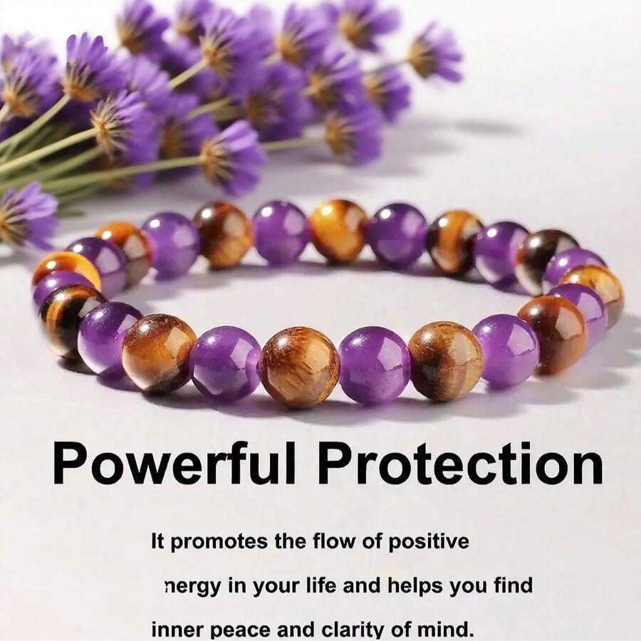 Pulsera de 8 mm de piedras de amatista y ojo de tigre para mujer | Joyería apilable, alivio de la ansiedad, ayuda para dormir, regalo de amuleto de buena suerte