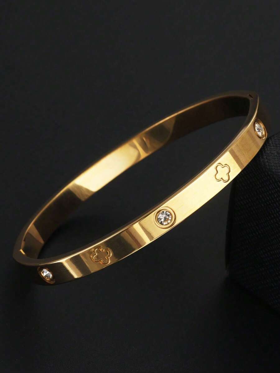 1pc Women's Lucky Flower Bangle, 18K Gold Plated Stainless Steel, Gift For Valentine's Day Lover