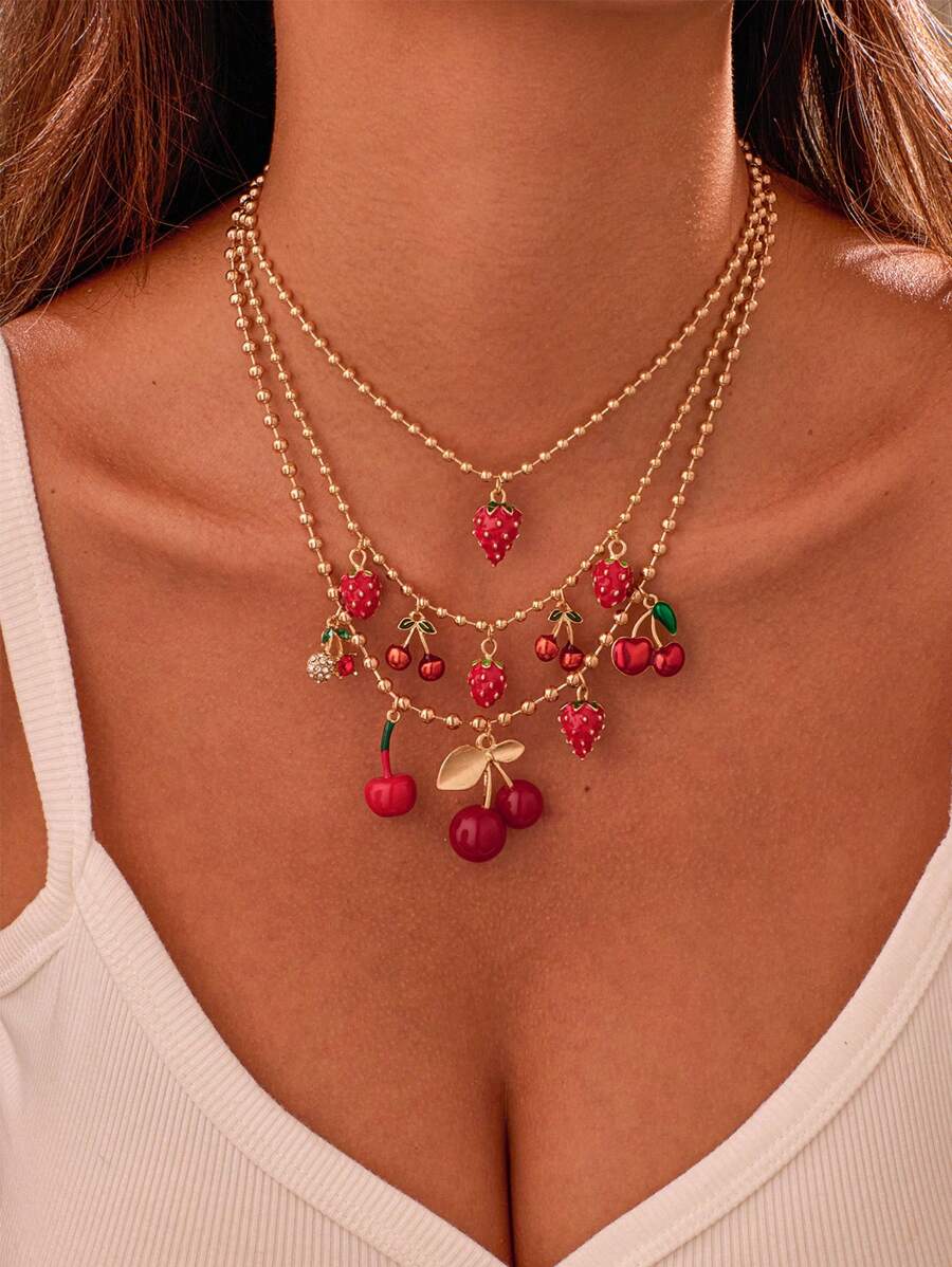 1/3 pièces Collier pendentif minimaliste à élément de fruit fraise et cerise pour femme