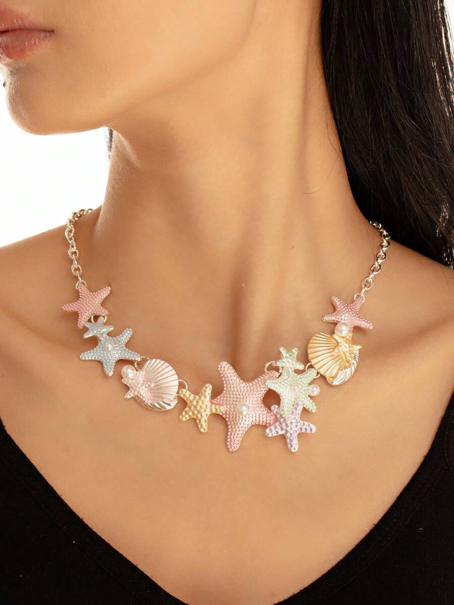 Colar de metal com concha e estrela do mar colorida, colar em camadas, adequado para fotografia de viagem na praia no verão, acessório doce e descolado