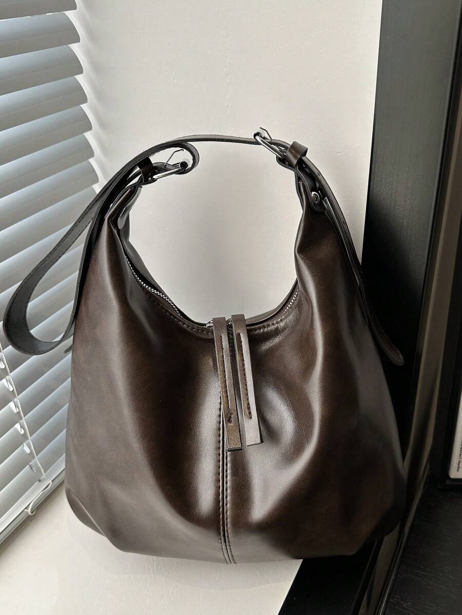 Bolso de hombro de gran capacidad y unicolor vintage para mujer, versátil bolso bandolera con asa, gran capacidad, bolso de hombro tipo hobo, bolso de bandolera casual para el trabajo