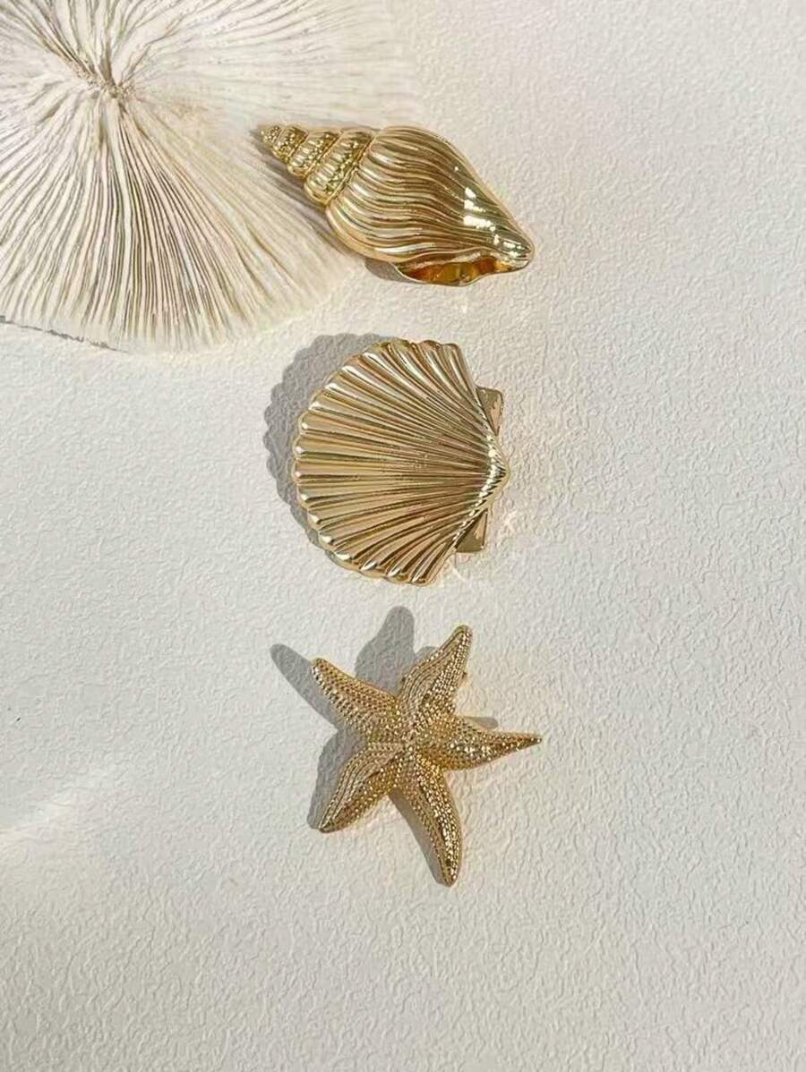 3 Peças Presilhas de Cabelo para Mulheres em Liga de Zinco com Design de Estrela e Estrela do Mar, Presilhas de Metal, Adequadas para Praia, Penteados de Coque, Decoração, Acessório de Cabelo, Presilhas, Clipes de Cabelo, Ganchos de Cabelo