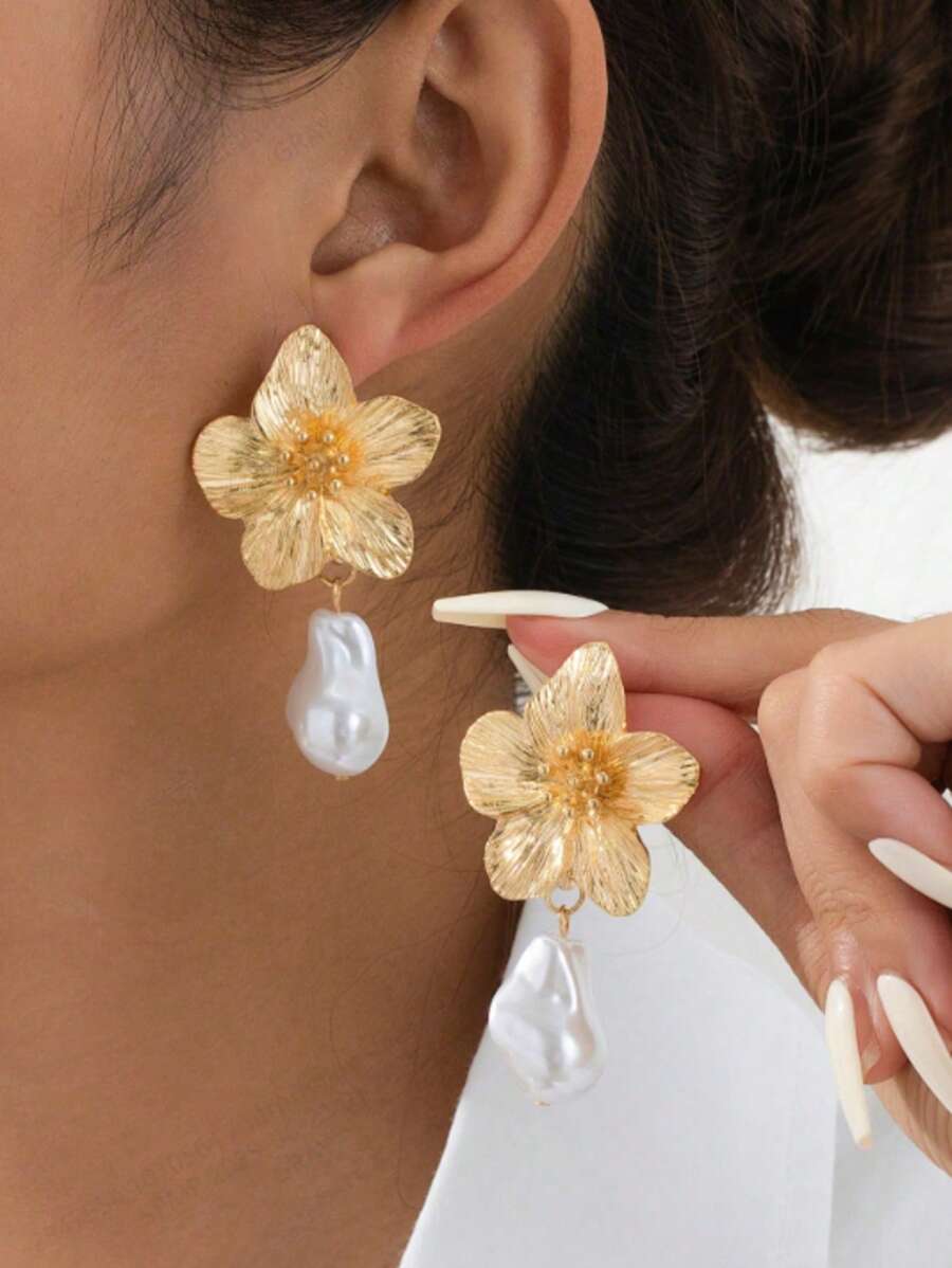 1 Pair Elegant Multi-Color Dopamine Inspired Golden Flower & Faux Pearl Stud Earrings, Women's Wedding Gift