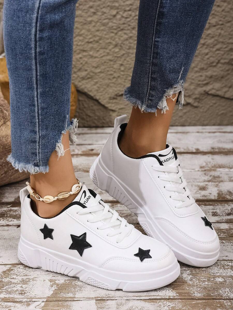 Zapatillas planas con cordones, nueva llegada 2025 para adolescentes de vuelta al colegio. Diseño de estrella de moda, casual de suela gruesa cómoda para uso diario y viajes, para mujeres de talla grande.