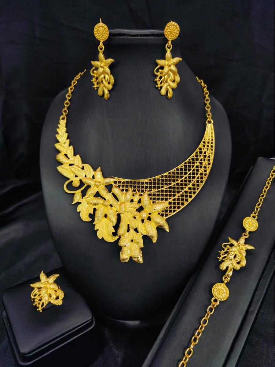 1 set de bijoux plaqués or à la mode pour femme, comprenant 1 collier, 1 bracelet, 1 paire de boucles d'oreilles et 1 bague. Convient pour Dubaï, Afrique, Europe, Amérique, mariées, mariage, fête, fête des mères, rentrée scolaire, Saint-Valentin. Matériau en alliage. Saint-Valentin, Maman, Mère, Fête des Mères, Cadeau