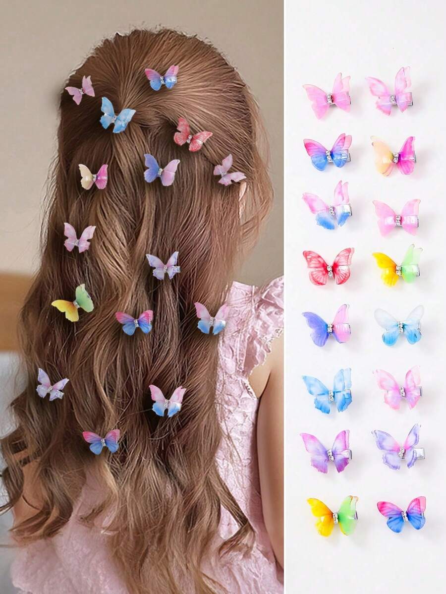 15pcs/Set Random Colors Double Layer Mesh Fairy Butterfly Wings Hairclips For Baby Girls, Cute Princess Hair Accessories, Daily Use
