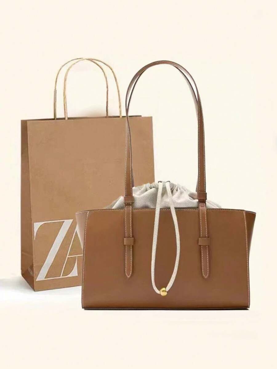 Bolso tote con doble asa de un solo hombro, de unicolor, hecho de tela impermeable de PU con estilo clásico de comodín. Tiene forro con cordón para abrir y cerrar. Bolso monedero de señora elegante para negocios y viajes. Bolso de moda retro para damas, adecuado para viajar, compras, ir al trabajo y salir de fiesta.