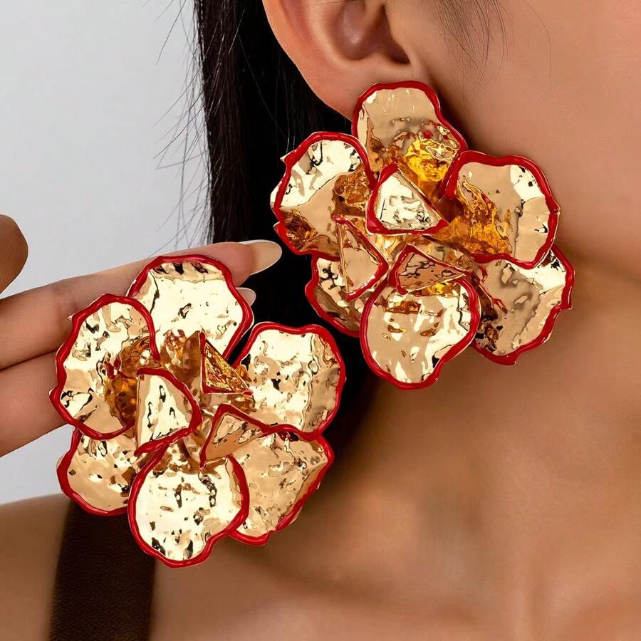 1 Pair Golden Color Enameled Big Flower Floral Statement Earring For Women