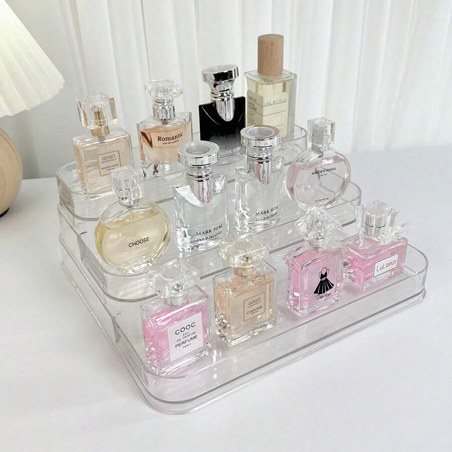 Organizer per trucco in acrilico a 3 ripiani, supporto da bancone in plastica lucida, scatola di stoccaggio cosmetici portatile, adatta per vanità, scrivania, cucina e bagno, senza elettricità richiesta