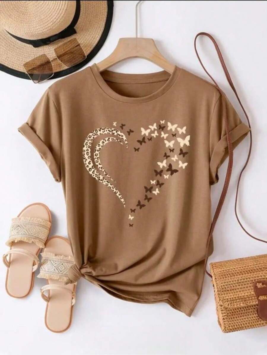 Women's T-Shirt Blouse Round Neck Cotton Mesh Printed Heart Butterfly Blouse In High Demand