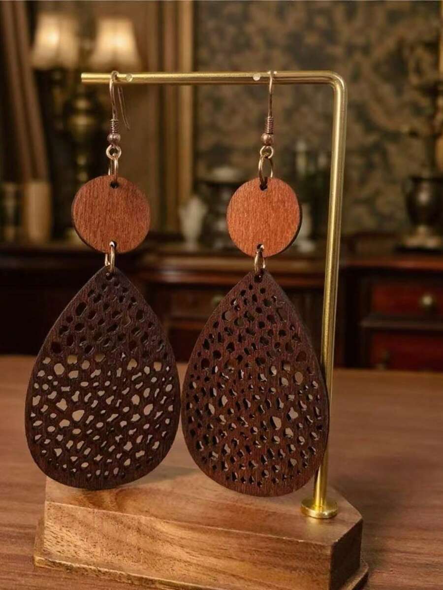 1 par de pendientes colgantes de madera con segmentos en forma de telaraña hueca vintage