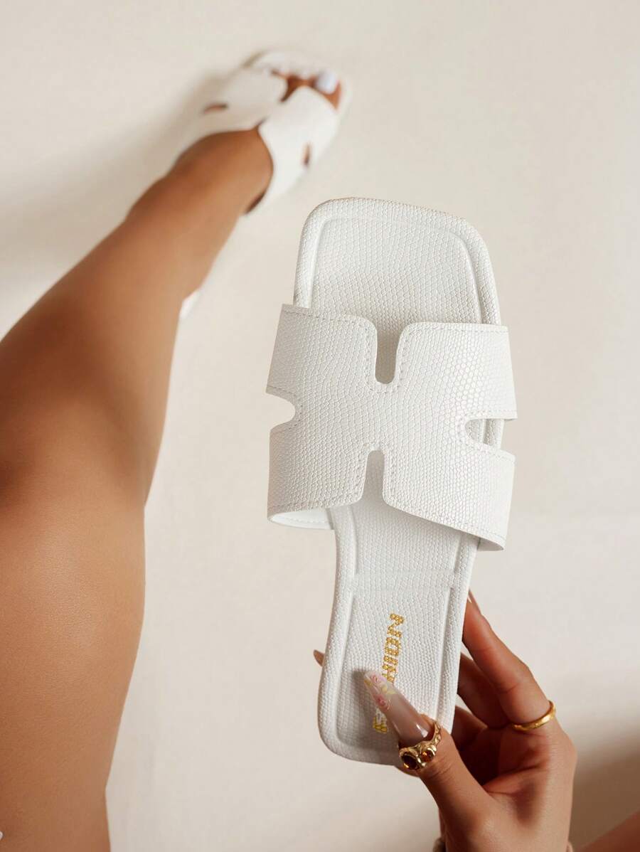 Women's Flat Slides, Versatile Fashion Square Toe Black House Slippers, Casual Outdoor Beach Sandals, Comfortable