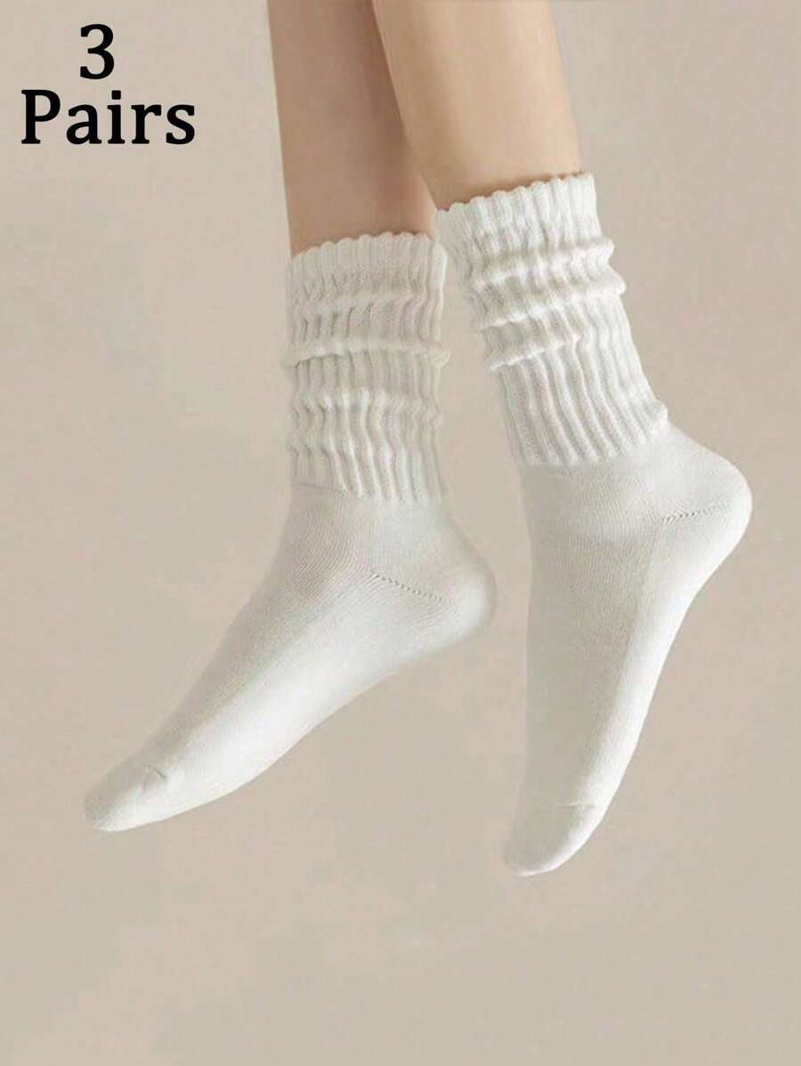 3 Pairs Women Ruffle Trim Solid Color Mid-Calf Socks, Cute And Simple, Essential For Daily Wear