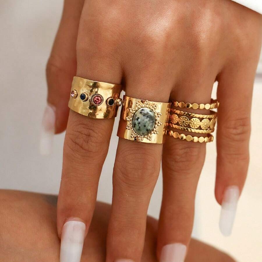 Conjunto de 3 anillos anchos de estilo retro punk decorados con rhinestones para mujeres, anillos ajustables de metal huecos y personalizados