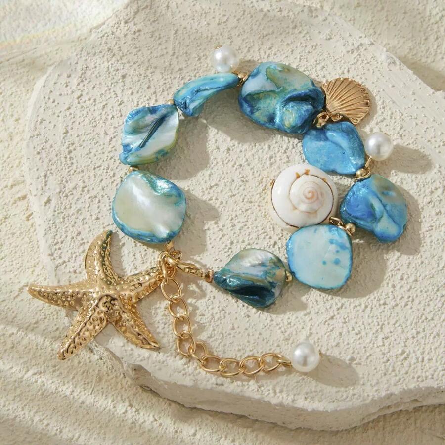 1 Brățară din oțel inoxidabil cu stea de mare aurie; Brățară cu mărgele de scoici pentru accesorii de modă pentru femei