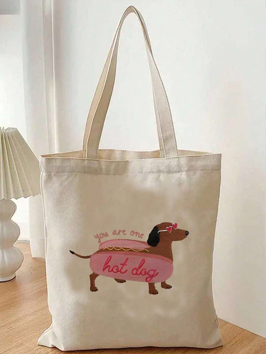 You Are One Hot Dog Pattern Printed Handbag Lightweight Foldable Shopping Bag, Fashionable And Casual Large-Capacity Handbag, Shoulder Bag, Suitable For College Students To Store Back-To-School Supplies, Books, And Mobile Phone Accessories. Men's And Women's Travel Cosmetics, Shopping Storage Bags, Gifts For Mothers, Friends And Teachers (Various Pattern Options)