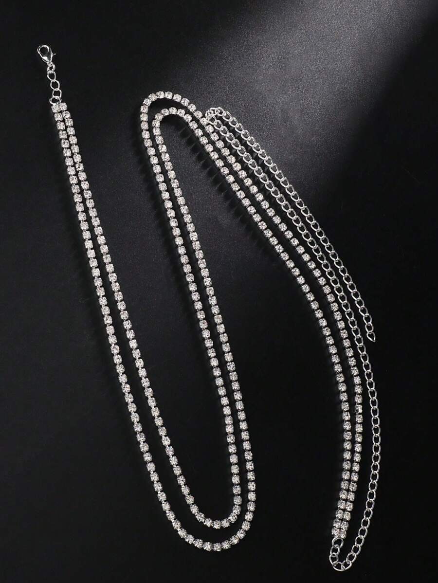 1pc Women's Silver Crystal Rhinestone Double Layer Waist Chain