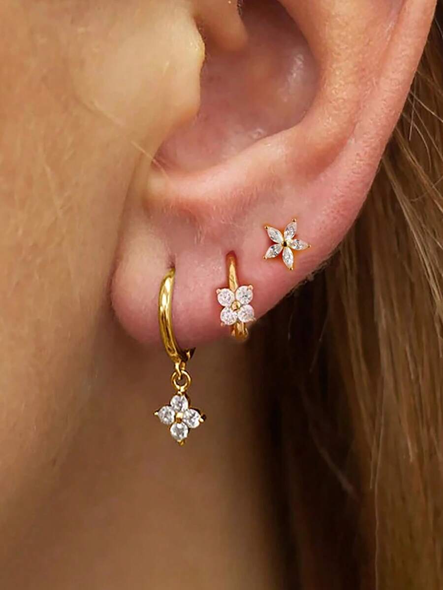 3/6pcs Cubic Zirconia Five Petal Flower Stud Earrings Set For Women Stacking Simple Huggies Cartilage Small Hoop Earring Jewelry