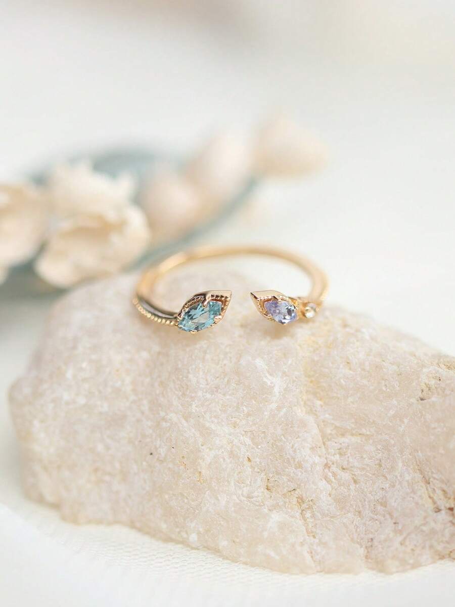 1pc Luxury High-End Versatile 18K Rose Gold Plated Blue Feather Gradient Faux Crystal Blue Topaz/Tanzanite Leaf Open Ring, Suitable For Women, Wedding, Birthday, Evening Party, Valentine's Day Gift