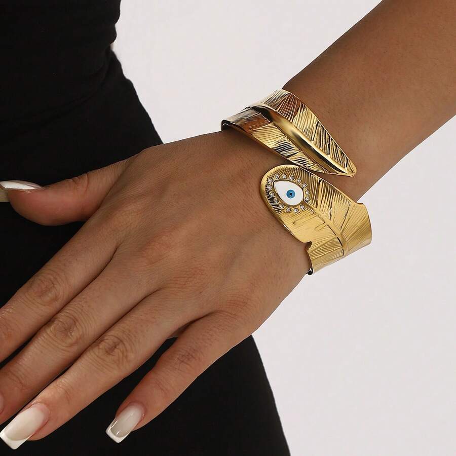 1pc Fashionable Stainless Steel Exaggerated Open Wide Bracelet With Tree Leaf & Eye Spring Clasp, Suitable For Women As Holiday Accessory