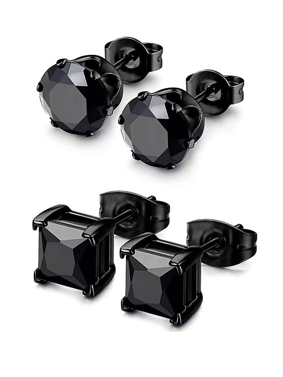 2 pares de pendientes tipo botón cuadrados de 6mm con circonitas cúbicas, joyas de acero inoxidable de moda para perforación de orejas, unisex