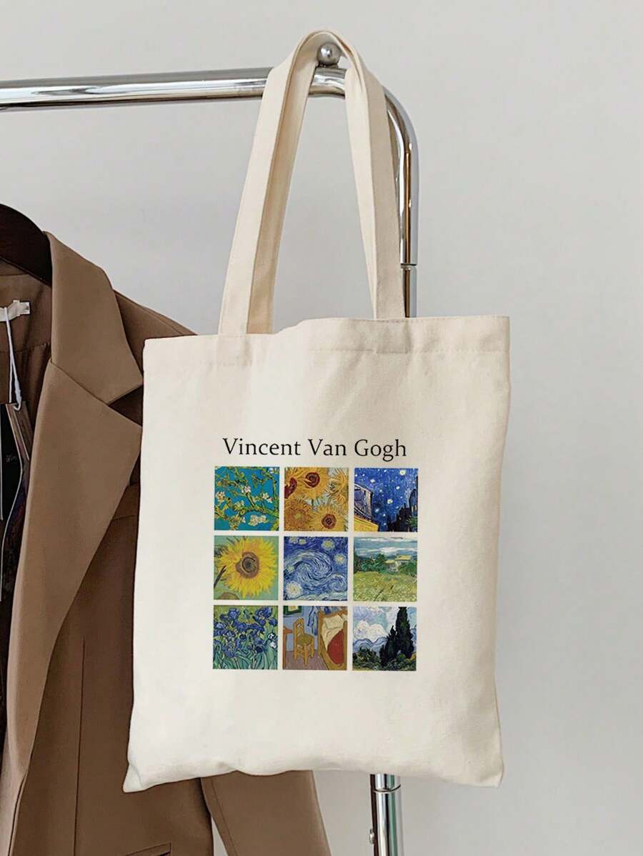 1 pieza Bolso de lona beige de moda, estampado de retazos de pintura al óleo, bolso de compras portátil para exteriores