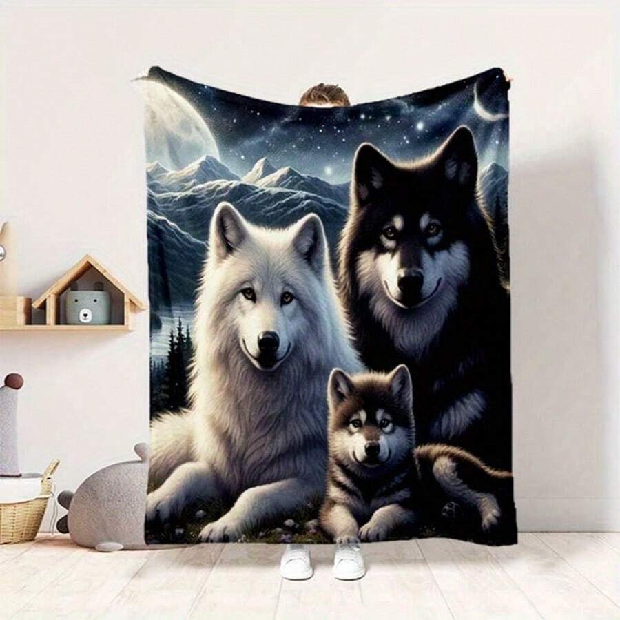 1 cobertor de flanela - macio e quente, adequado para todas as estações, design moderno de céu noturno com lobo e montanha, lavável à máquina, ótimo para sofá, cama, sala de estar, quarto, presente, acessório doméstico confortável, design de inspiração natural, textura suave