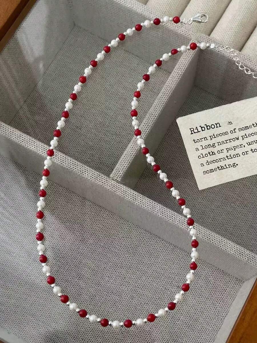 Sterling Silber Halskette mit natürlichen roten Achat-Perlen, vintage elegante rote und weiße Kombination, anmutig und edel