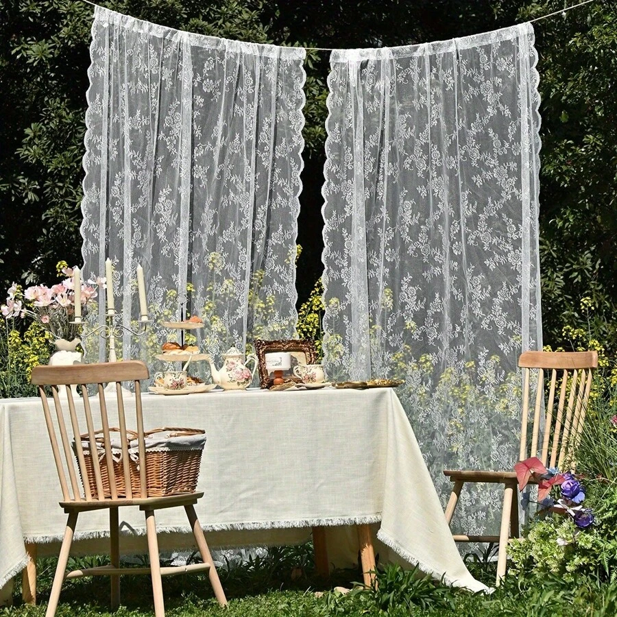 2pcs White Lace Sheer Curtains - Elegant Semi-Transparent Embroidered Tulle Drapes With Floral Patterns, Lightweight 100% Polyester, Rod Pocket Design For Indoor/Outdoor Use, Romantic Cottage Core Style For Wedding, Bedroom, Living Room, Or Patio Decor, Curtains For Living Room