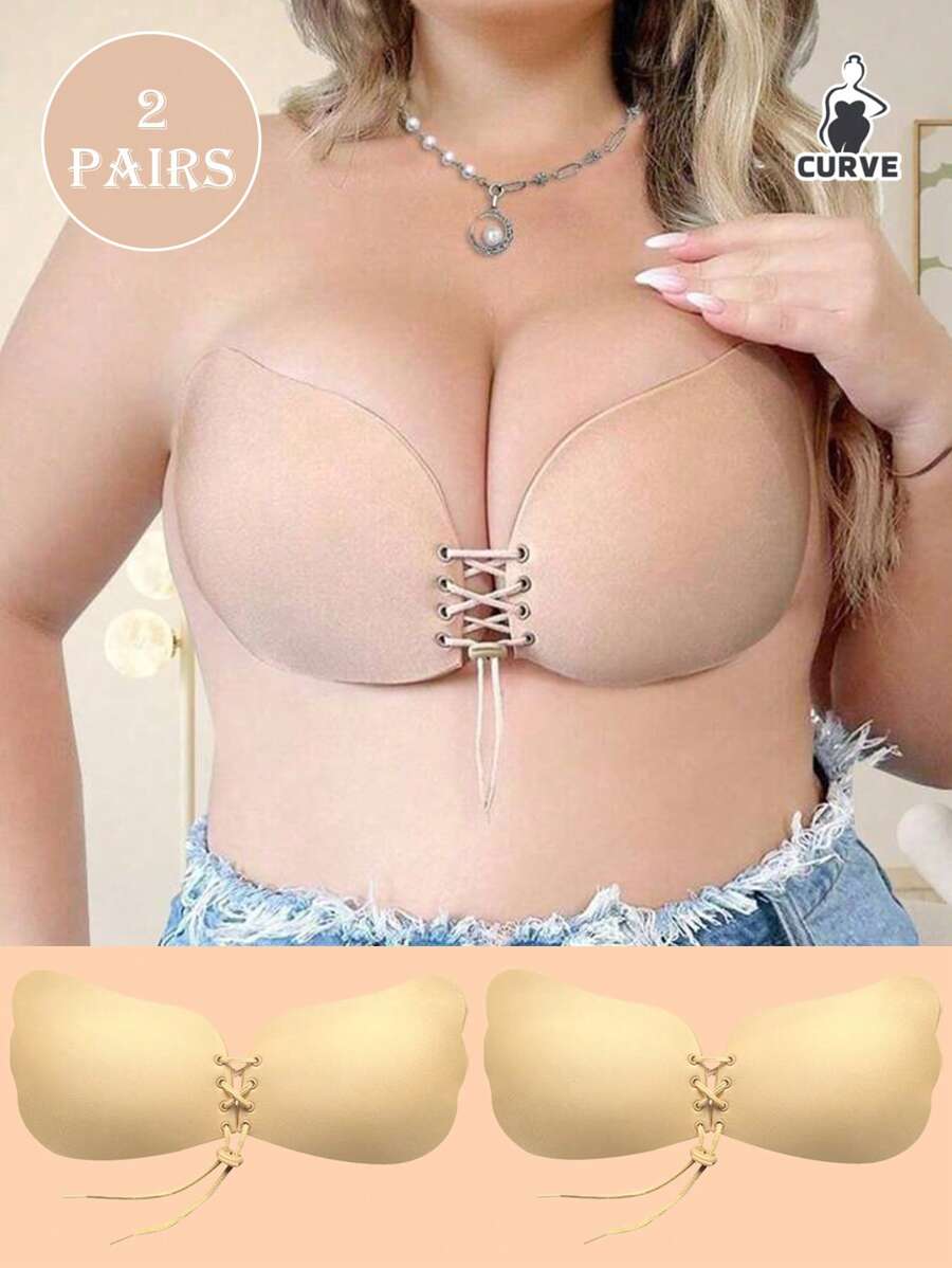 2 Pairs Plus Size Wing Invisible Push Up Bras Wire Free With Drawstring Self Adhesive Backless Lifting Effect Deep V Bras Women's Underwear And Lingerie Accessories