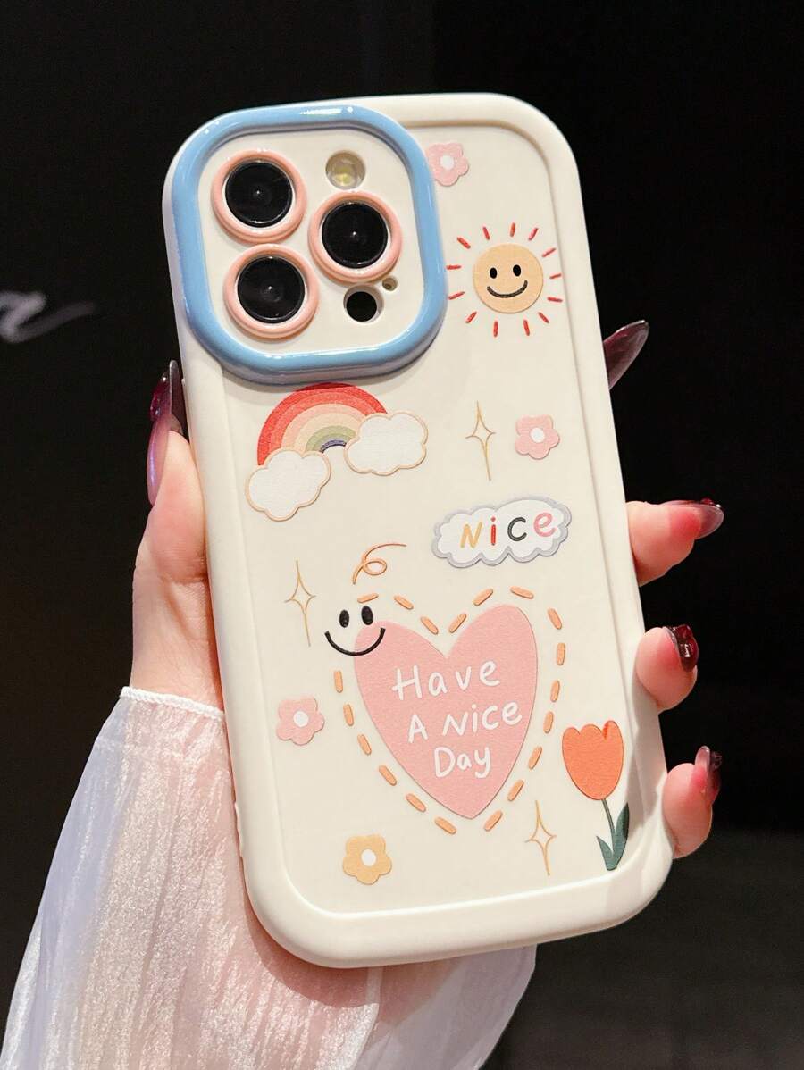 Funda con estampado de manzana de 1 pieza y eslogan para iPhone 11 12 13 14 Pro Max 15 16 Pro Max, de color blanco y arcoíris, con un diseño de cara sonriente y soleado