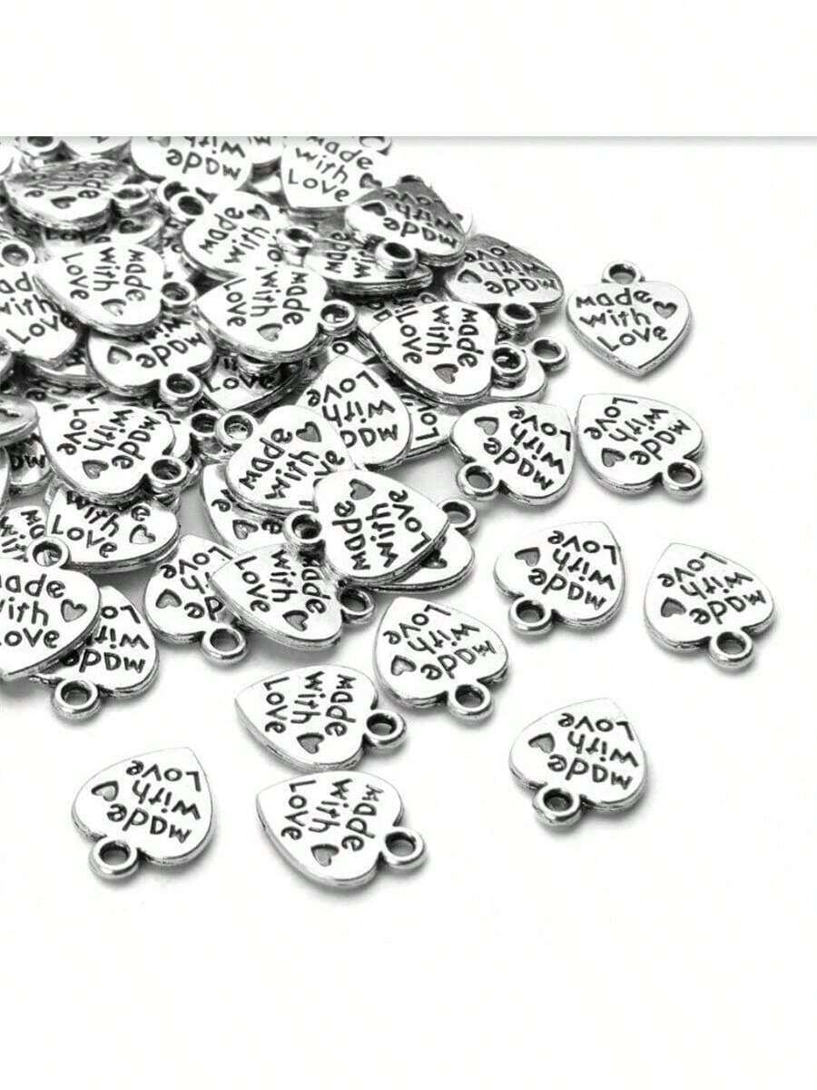 10pcs/20pcs/30pcs/60pcs/80pcs/100pcs Silver Heart & Letter "Made With Love" Pendant Charms For DIY Jewelry Crafting