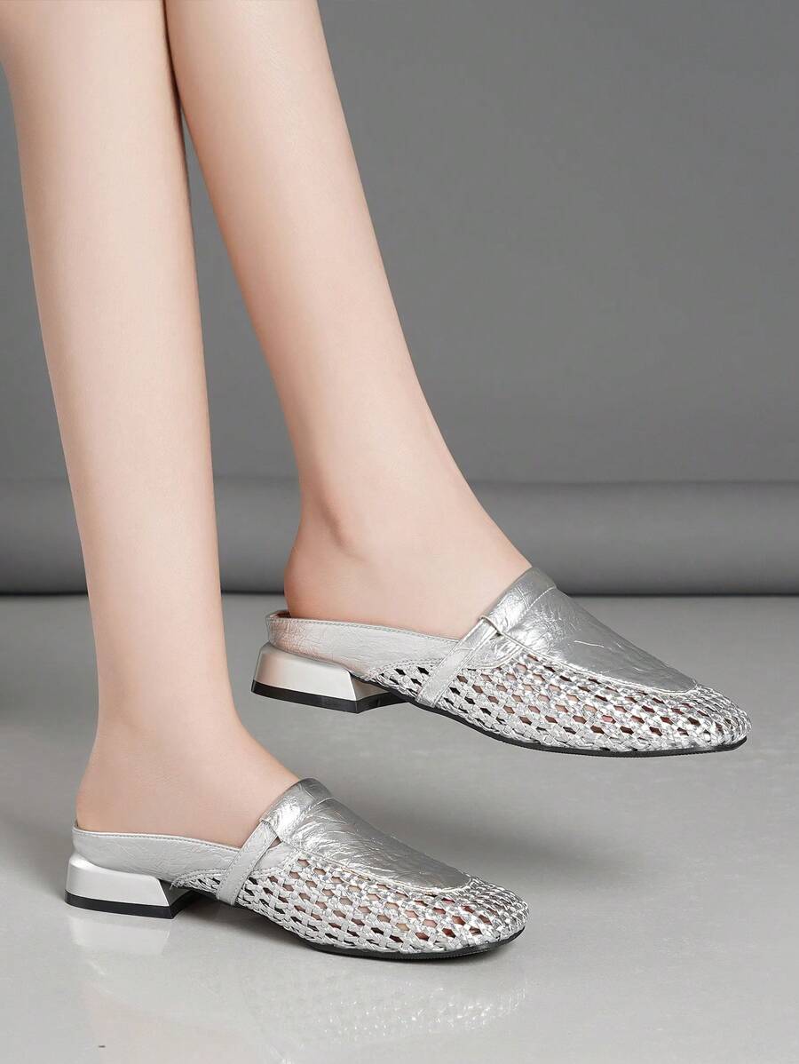 Women Summer Goldtone Slide Sandals / Hollow Breathable Flat Slip-On / Women Woven Silver Flat Sandals