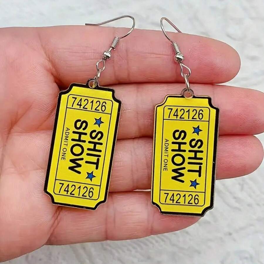 1 Pair Vintage Boho Style Acrylic Cartoon Alphanumeric Earrings, Lightweight Alloy Hook, Quirky "7421 SHOW" Design With Yellow Background & Black Border, Perfect For Daily Wear, Party Gifts, And Humorous Statement Accessories, Humorous Jewelry