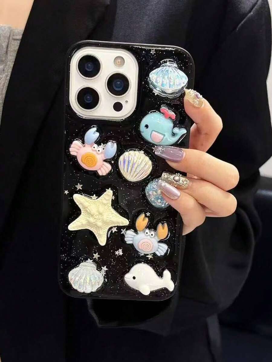 Cute Summer Seastar Whale Shell Pattern Pendant Epoxy Clear Phone Case Compatible With IPhone16 16 15 14 13 Pro Max 3D Epoxy Soft Cover Korea Girl Shell