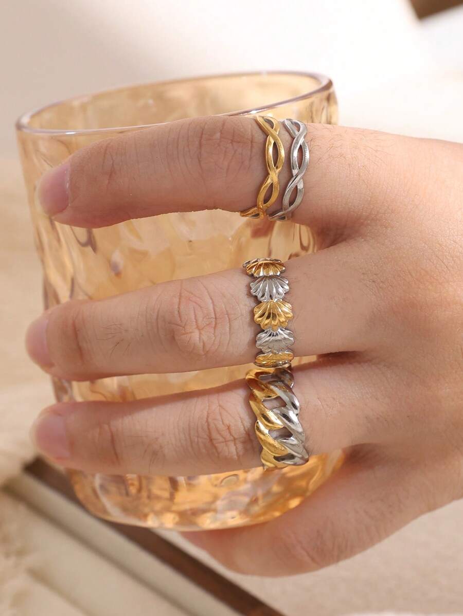 Conjunto de 3 anéis de aço inoxidável de alta qualidade da moda, anéis de duas cores, anéis multi-elementos com elemento de gota d'água, anéis de uso diário para mulheres